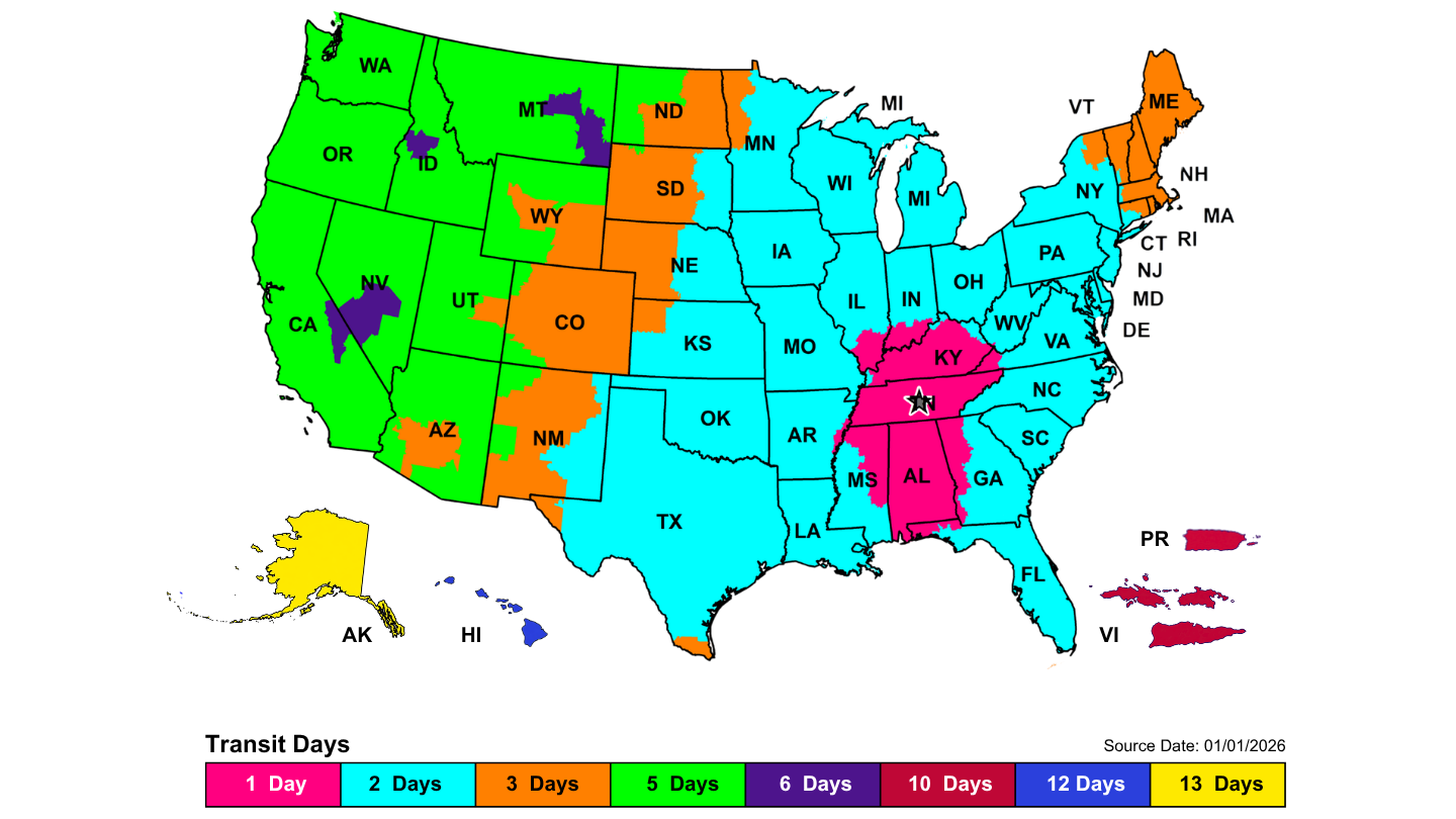 Shipping Timeframes Color-coded shipping map showing transit days to each region